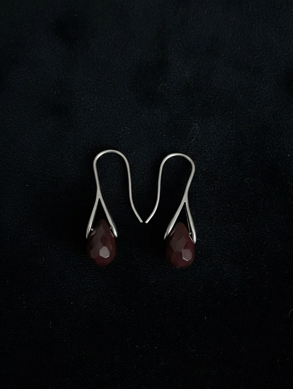 Sterling Silver Drop Earrings with Faceted Deep Red Stones Of Natural Jasper